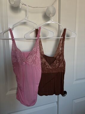Lace Trim Cami Tank Tops - Pink & Brown